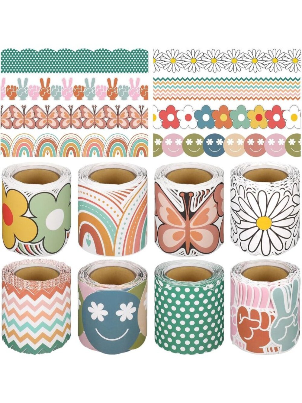 Colorful Retro Daisy Flower & Butterfly Bulletin Board Borders - Self-Adhesive